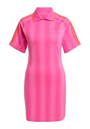 Pink Adidas polo dress with orange three stripes on shoulders and sleeve edges, short sleeves, and a collared neckline.