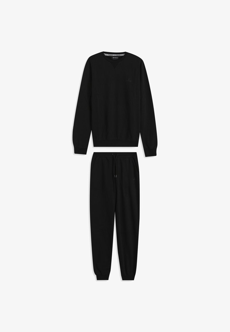 Conjunto de ropa cómoda de algodón negro que incluye una sudadera de manga larga con cuello en V y pantalones jogger con cintura elástica, con un detalle sutil de logotipo en el pecho.