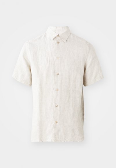 Short-sleeve linen shirt in light beige. Features a standard collar, button front, and subtle texture. Clean design with no patterns.