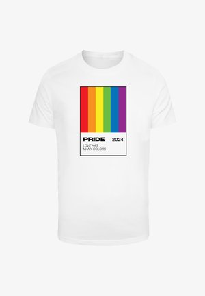 White T-shirt featuring a rectangular graphic with rainbow stripes, text "PRIDE 2024" and "LOVE HAS MANY COLORS" in black.