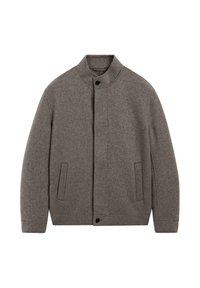 Gray wool jacket featuring a stand-up collar, front fastenings, and side pockets. Soft texture with a minimalist design and no visible patterns.