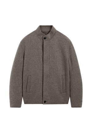 Gray wool jacket featuring a stand-up collar, front fastenings, and side pockets. Soft texture with a minimalist design and no visible patterns.