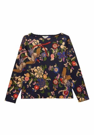 Langärmliges Oberteil in Marineblau mit aufwendiger floral und Vogelstickerei in Rot, Rosa, Blau und Grüntönen auf einem weichen Stoff.