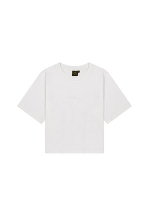 Unifarbenes weißes kurzes T-Shirt mit Rundhalsausschnitt und einem kleinen schwarzen Etikett hinten innen am Kragen.