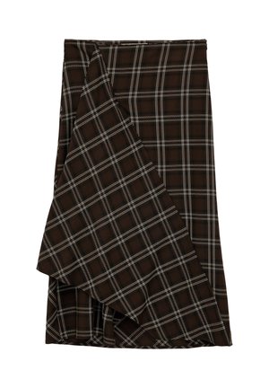 Mørkebrun nederdel med hvidt ternet mønster, der har et asymmetrisk forstykke, foldet diagonalt over hovedstoffet.