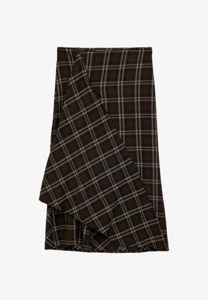 Ciemnobrązowa spódnica w białą kratę, z asymetryczną przednią klapą złożoną ukośnie na głównym materiale.