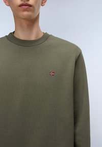 Sudadera de color verde oliva con cuello redondo acanalado y una pequeña bandera noruega bordada en el pecho; textura suave, corte relajado.