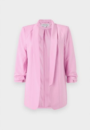 Blazer in lichtroze, gemaakt van een gladde stof. Kenmerkt zich door een sjawl kraag, open voorkant en opgerolde mouwen. Minimalistisch ontwerp, zonder sluitingen.