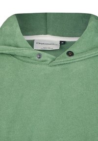 Green organic cotton hoodie with a ribbed texture, a buttoned neckline, and a label inside stating "Clepomaniex".