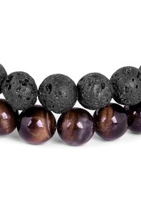 Rannekoru lava-kivistä ja purppuran kissansilmähelmistä. Mukana on pyöreitä helmiä, joissa on matta mustaa ja kiiltävää syvän purppuraa, vaihtelevilla tekstuureilla ja ko'oilla.