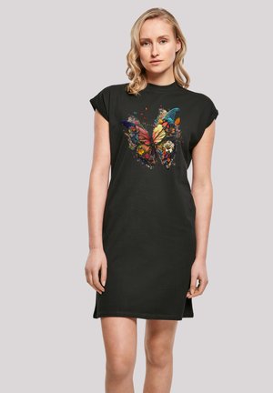 Black cotton t-shirt dress with short sleeves, featuring a colorful butterfly and floral print at the center. Simple, relaxed fit.