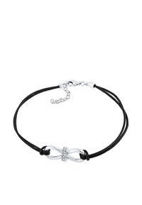 Schwarzes Lederarmband mit einem silbernen Unendlichkeitssymbol, das in der Mitte mit einer kleinen Reihe klarer Steine besetzt ist, gesichert mit einem Karabinerverschluss.
