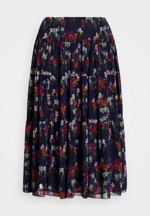 Gespreide, gelaagde maxi-rok in marineblauwe stof met levendige bloemenpatronen in rood, roze en groen. Lichtgewicht, gestructureerd materiaal. Elastische taille.