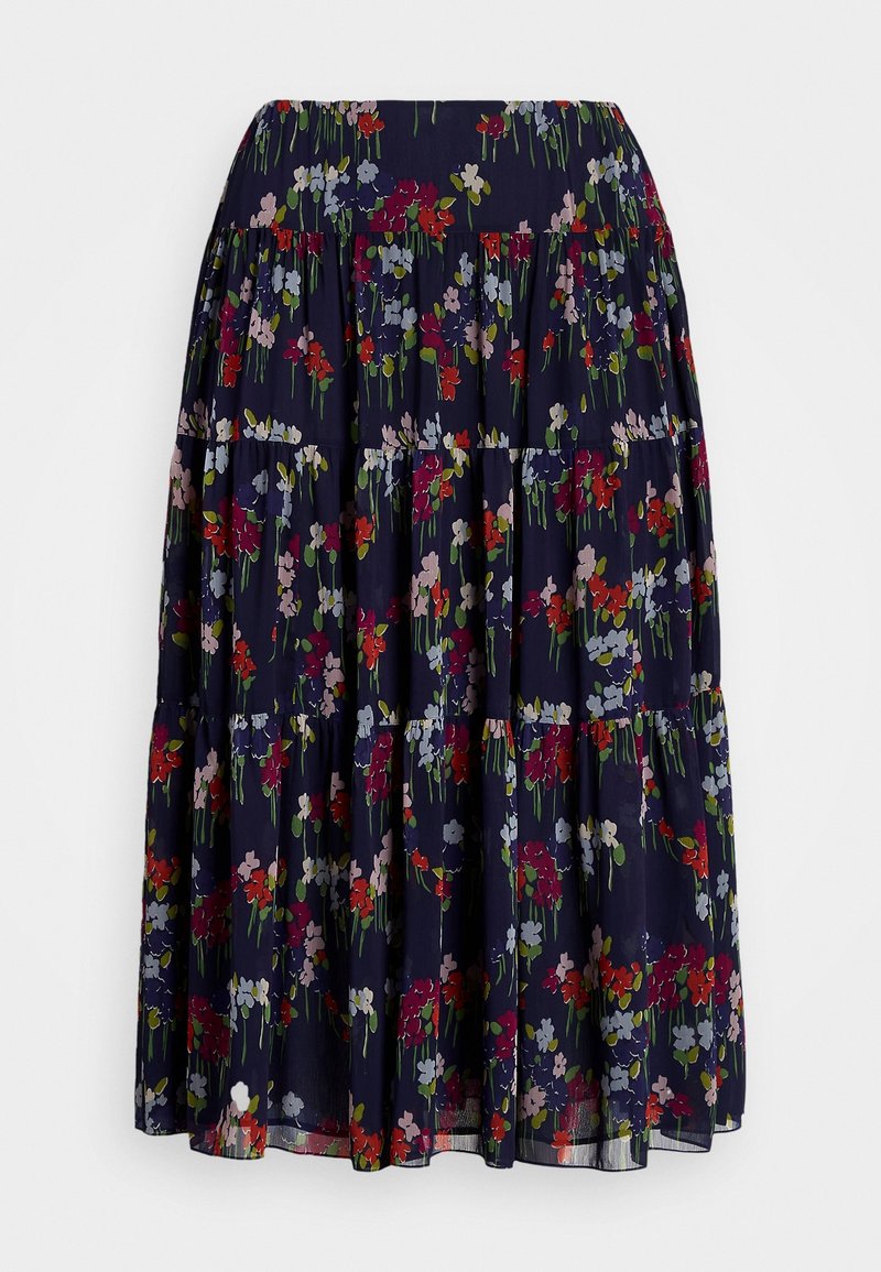 Flared, tiered maxi skirt in navy fabric with vibrant floral patterns in red, pink, and green. Lightweight, textured material. Elastic waist.
