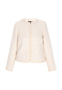 Texturierte cremefarbene Jacke mit rundem Ausschnitt, Frontreißverschluss und zwei Brusttaschen. Der Stoff enthält subtile metallische Fäden für zusätzlichen Detailreichtum.