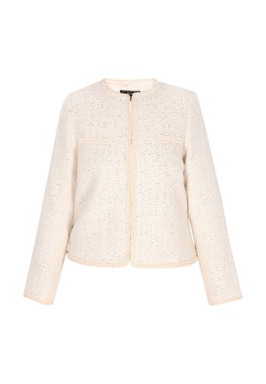 Veste en crème texturée avec un col rond, fermeture éclair à l'avant et deux poches poitrine. Le tissu présente des fils métalliques subtils pour un détail supplémentaire.