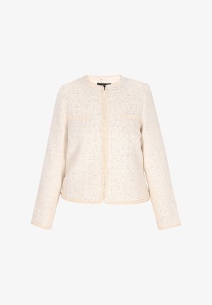 Giacca di crema testurizzata con collo rotondo, zip frontale e due tasche sul petto. Il tessuto presenta sottili fili metallici per un tocco di dettaglio in più.