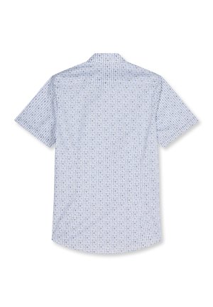 Short-sleeve button-up shirt with light blue geometric pattern, shown from the back, on a white background.