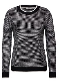 Czarnobiały dziergany sweter z okrągłym dekoltem, długimi rękawami, prążkowanymi mankietami i kropkowanym wzorem na całej powierzchni. Miękka faktura, standardowy krój.
