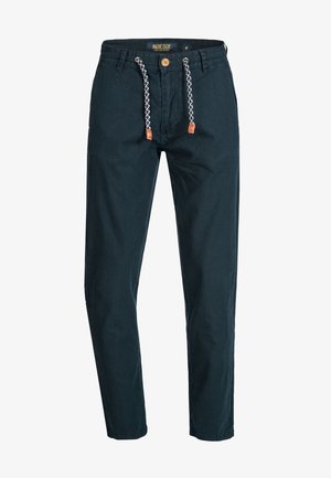 Himmelblaue Baumwoll- Freizeit-Hosen mit geradem Bein, elastischem Kordelzugbund, Knopfverschluss und kontrastierenden Kordelzugakzenten.