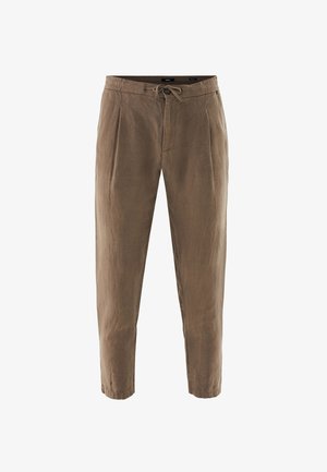 Braune, schmal zulaufende Freizeit-Hosen mit Kordelzugbund, Knopfverschluss und seitlichen Taschen, präsentiert vor weißem Hintergrund.