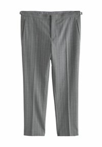 Gray striped trousers with a smooth texture, featuring side pockets and a tailored fit. Stripes are a lighter shade, enhancing visual detail.