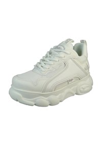 White athletic sneaker featuring a smooth leather upper, mesh panels, thick cushioned sole, and decorative stitching accents.