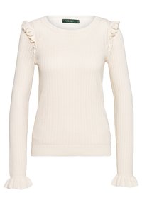 Krémový pletený svetr s volánovými rameny a rozšířenými manžetami, s copánkovým vzorem a kulatým výstřihem.