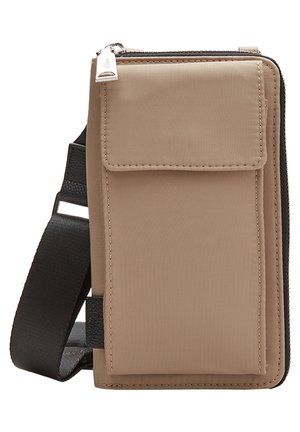 Beige crossbody phone bag with front flap pocket, zipper closure, and adjustable black strap.
