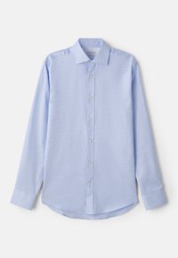 Svetlomodrá košeľa s dlhým rukávom z tkaného materiálu, s gombíkovou légou, rozšíreným golierom a zaobleným lemom. Jednoduchý dizajn s jemnou textúrou.