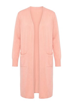 Lang blød lyserød åben cardigan med lange ærmer, ribstrikkede manchetter og to forlommer foran.
