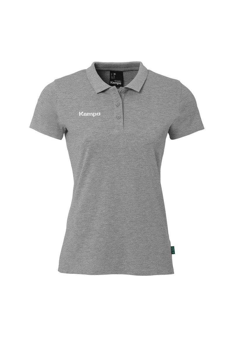 Grijze polo-shirt van katoen met een kraag, drie knopen, korte mouwen en een wit 'Kempa' logo aan de linkerkant van de voorzijde.
