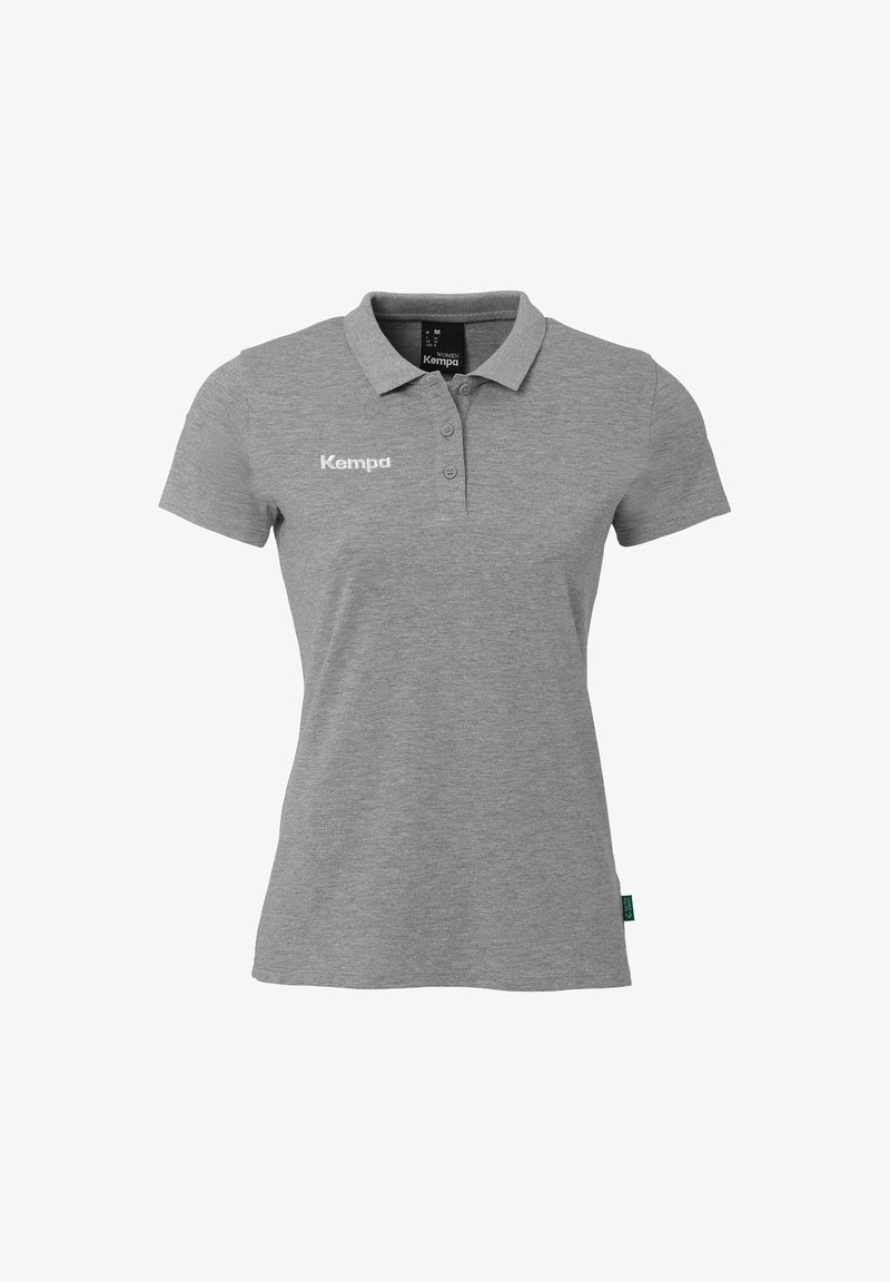 Grijze polo-shirt van katoen met een kraag, drie knopen, korte mouwen en een wit 'Kempa' logo aan de linkerkant van de voorzijde.