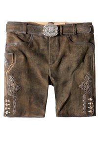 Shorts en cuir marron avec des motifs brodés complexes, des boutons en argent sur le côté et une boucle de ceinture décorative. Texture lisse.