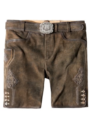 Brown leather shorts with intricate embroidered patterns, silver buttons on the side, and a decorative belt buckle. Smooth texture.
