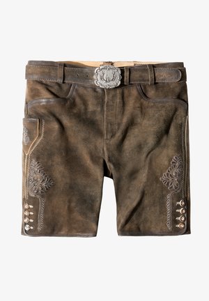 Shorts en cuir marron avec des motifs brodés complexes, des boutons en argent sur le côté et une boucle de ceinture décorative. Texture lisse.