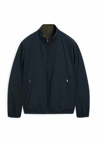 Navy blue lightweight jacket with a stand collar, front zipper, and elastic cuffs. Features two side zippered pockets. Smooth texture.