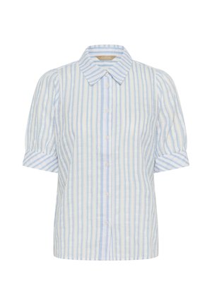 Bluza s kratkimi rokavi s srajčnimi gumbi, svetlo modrimi in belimi navpičnimi črtami, ostrim ovratnikom in manšetami na rokavih.