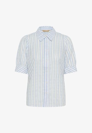 Īsroku krekla blūze ar gaiši zilām un baltām vertikālām svītrām, ar izteiktu apkakli un aprocēm uz piedurknēm.