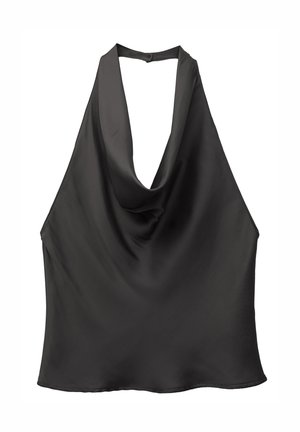 Schwarzes ärmelloses Oberteil mit einem drapierten Ausschnitt, aus einem glatten, leichten Stoff gefertigt. Besitzt ein einfaches, offenes Rückendesign.