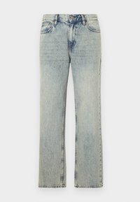 Lyseblå denimjeans med rett ben-design, falmet finish, fem-lomme-stil og synlig søm langs sømmene.