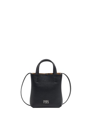 Black leather tote bag with textured surface, dual handles, and detachable shoulder strap. Features a brown interior and logo at the front.