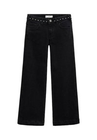 Svarta byxor med vida ben i denim, med fem fickor, silverfärgade nitar längs midjan och en ren fåll.