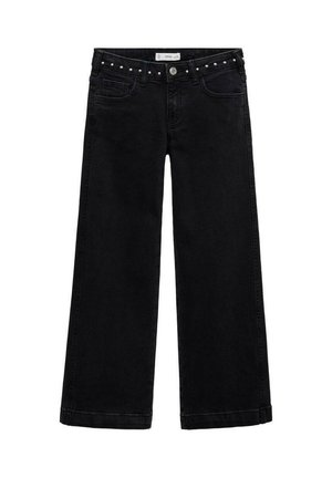Black wide-leg jeans made of denim, featuring a five-pocket design, silver studs along the waistband, and a clean hem.