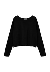Schwarzer, ausgeschnittener Pullover mit langen Ärmeln, weitem Halsausschnitt und einer weichen Textur. Schlichtes Design, keine Muster, geeignet für die Freizeit.