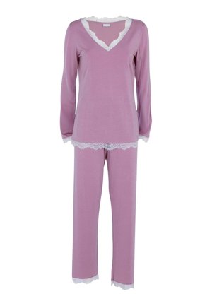 Set da pigiama rosa a maniche lunghe con bordo in pizzo sul colletto e sui polsini; include una maglia con scollo a V e pantaloni coordinati. Materiale morbido e leggero.