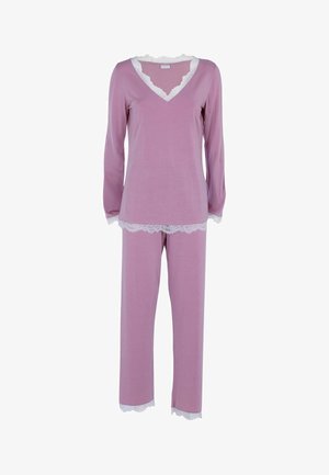 Set da pigiama rosa a maniche lunghe con bordo in pizzo sul colletto e sui polsini; include una maglia con scollo a V e pantaloni coordinati. Materiale morbido e leggero.