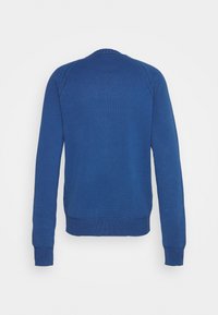 Pull bleu à manches longues en tricot avec poignets et ourlet côtelés, montré de dos sur un fond blanc uni.
