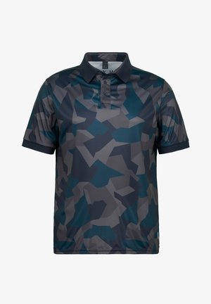 Polo à manches courtes en motif géométrique abstrait bleu marine et gris, fabriqué à partir d'un tissu léger et respirant, avec un col et des détails de boutons.