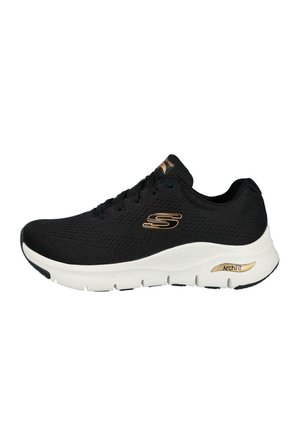 Zapatillas deportivas negras con parte superior de malla, suela intermedia blanca y detalles dorados, que cuentan con una suela acolchada etiquetada como "ArchFit" para mayor soporte.